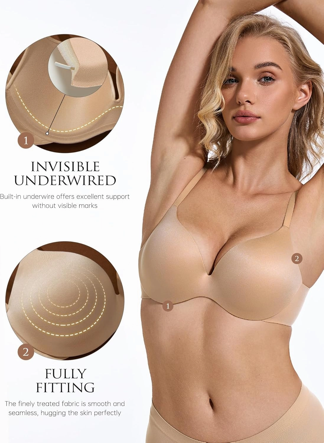 Wingslove Women's Push Up Bra Seamless Deep Plunge T-Shirt Bras Full Figure Padded Comfortable Invisible Underwired Bralettes