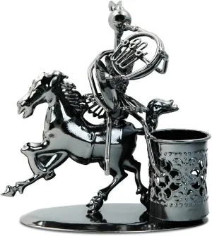 Winterworm Creative Horse Iron Statue Metal Sculpture，A Woman Playing French Horn On Horse Statue Ornament Music Player Figurine Pen Holder for Birthday Christmas Office Home Desk Decor Gift