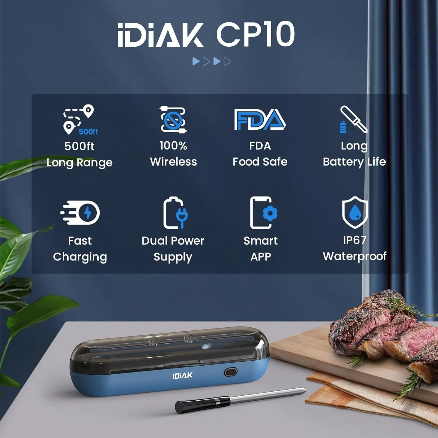 Wireless Meat Thermometer for Grilling and Smoking, CP10 New Gen 500FT Meat Probe Thermometers, Dual Sensor, Dual Alarm, Smart Food Thermometer Probe for BBQ, Oven, Grill, Smoker, Sous Vide