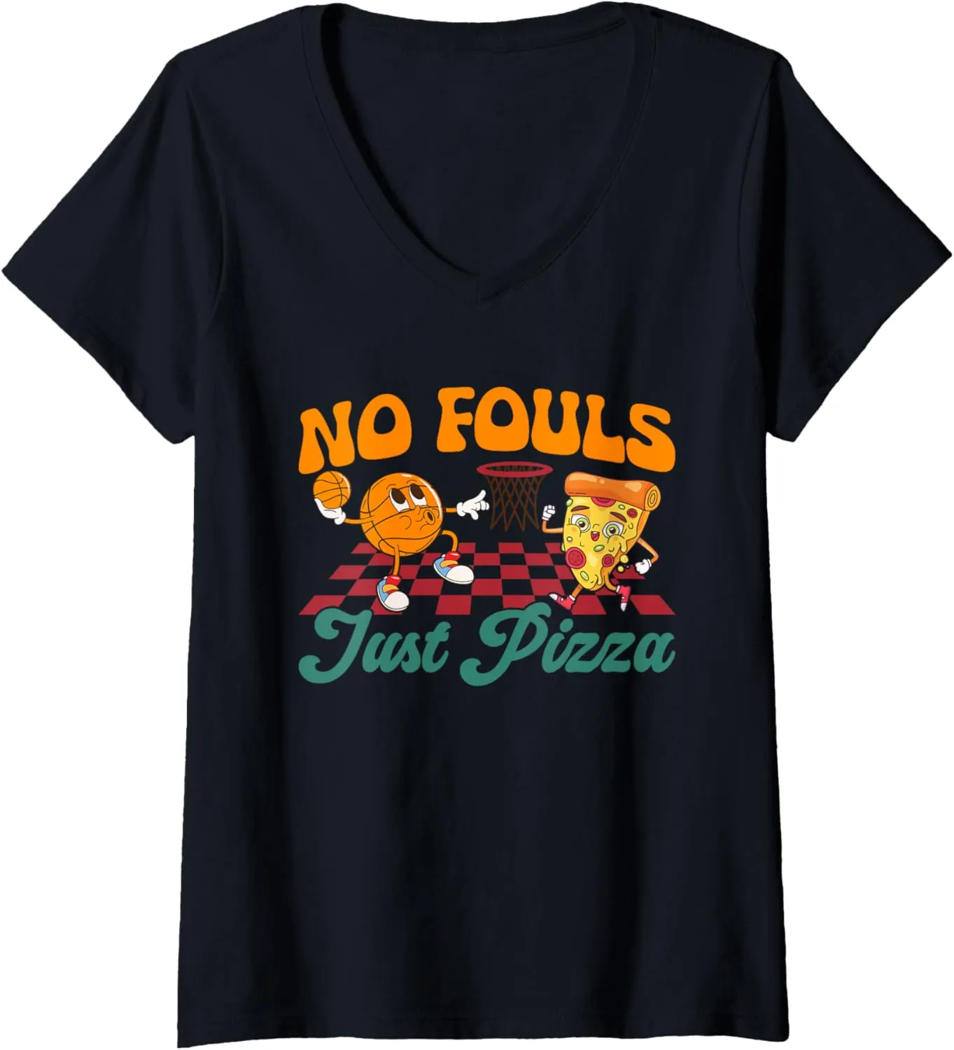 Womens Basketball Pizza Dunk Lovers Food Pizza V-Neck T-Shirt