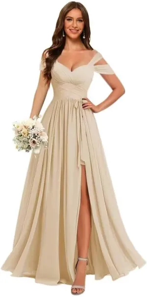 Women’s Chiffon Bridesmaid Dress with Slit Floor Length Off Shoulder Wedding Prom Dresses V-Neck Formal Gowns with Belt RCL03