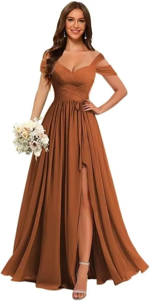 Women’s Chiffon Bridesmaid Dress with Slit Floor Length Off Shoulder Wedding Prom Dresses V-Neck Formal Gowns with Belt RCL03