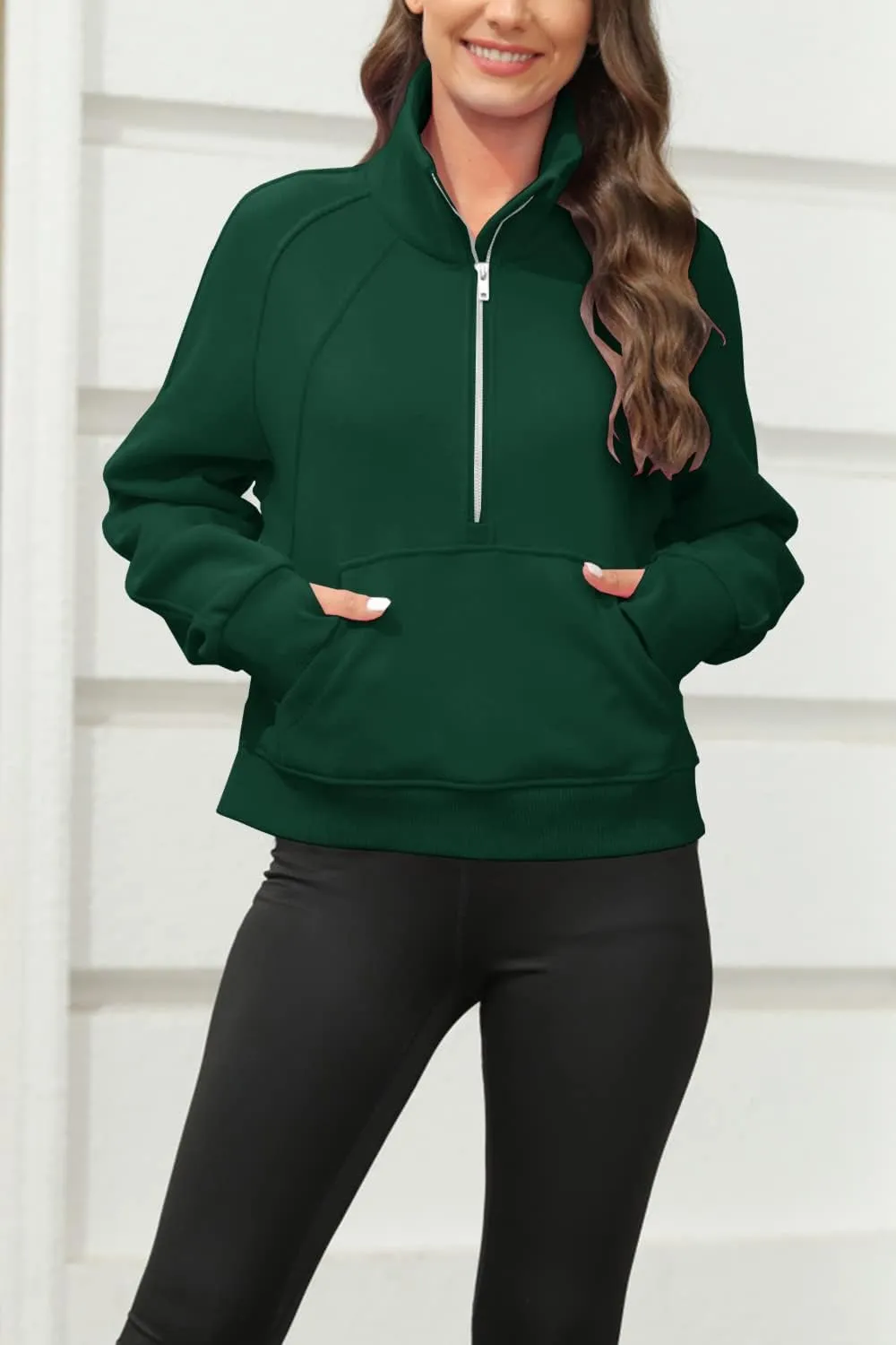 Womens Sweatshirts Half Zipper Crop Pullover Funnel Neck Fleece Lined Zip Up Long Sleeve Tops Thumb Hole