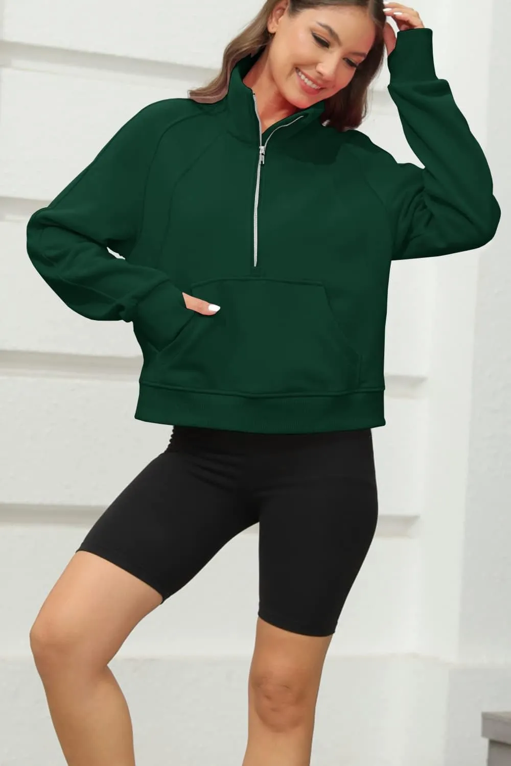 Womens Sweatshirts Half Zipper Crop Pullover Funnel Neck Fleece Lined Zip Up Long Sleeve Tops Thumb Hole