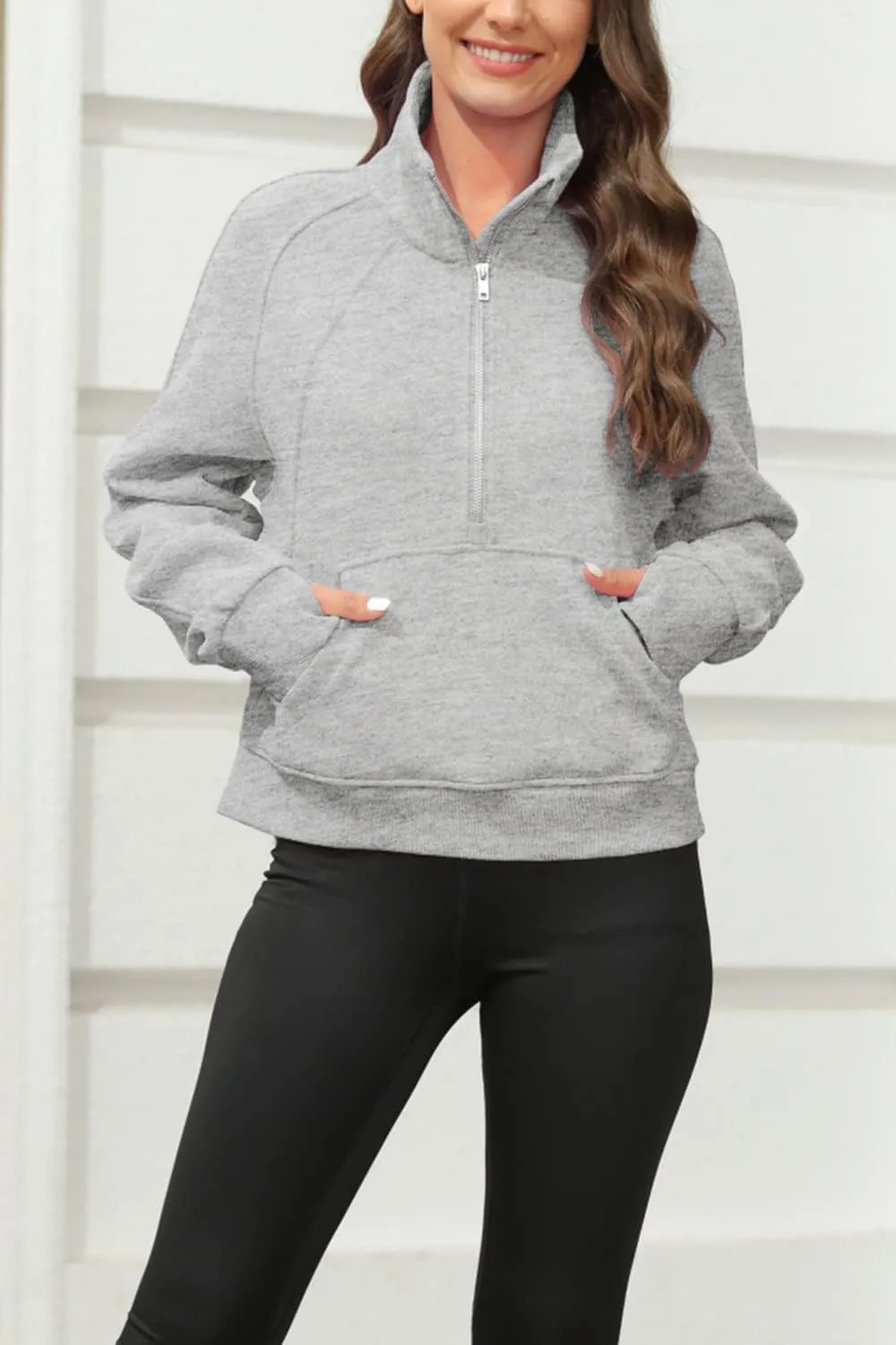 Womens Sweatshirts Half Zipper Crop Pullover Funnel Neck Fleece Lined Zip Up Long Sleeve Tops Thumb Hole