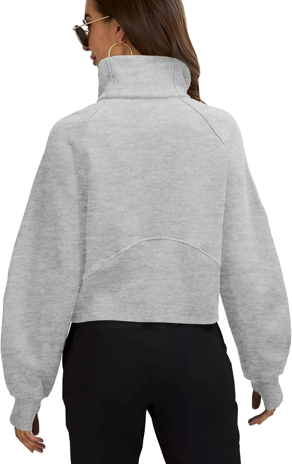Womens Sweatshirts Half Zipper Crop Pullover Funnel Neck Fleece Lined Zip Up Long Sleeve Tops Thumb Hole