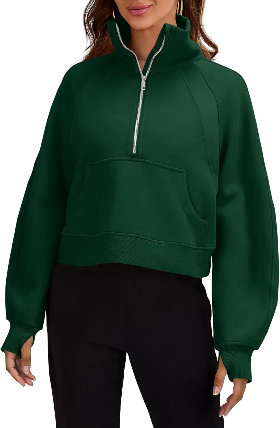 Womens Sweatshirts Half Zipper Crop Pullover Funnel Neck Fleece Lined Zip Up Long Sleeve Tops Thumb Hole