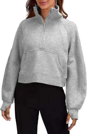 Womens Sweatshirts Half Zipper Crop Pullover Funnel Neck Fleece Lined Zip Up Long Sleeve Tops Thumb Hole