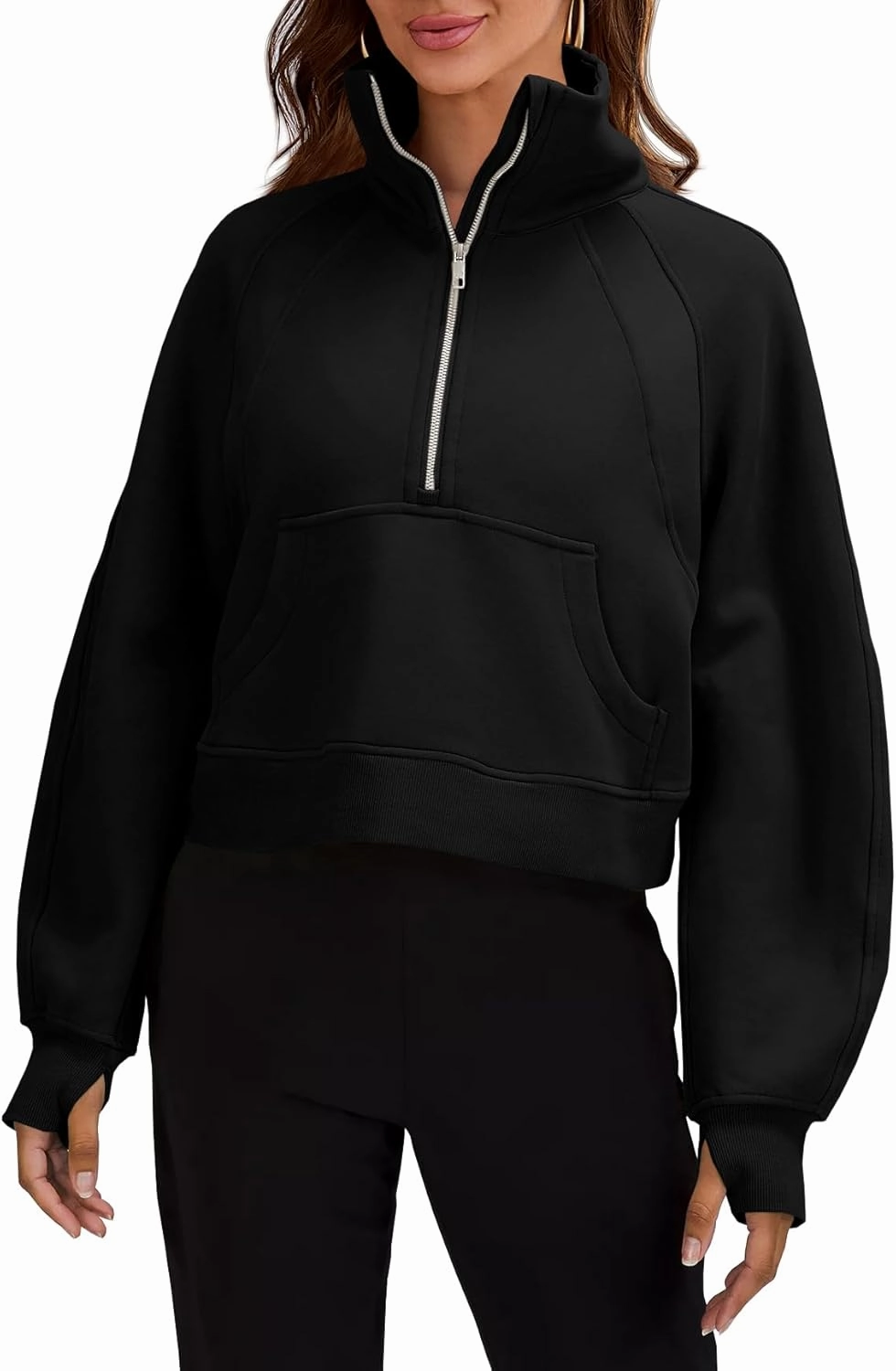 Womens Sweatshirts Half Zipper Crop Pullover Funnel Neck Fleece Lined Zip Up Long Sleeve Tops Thumb Hole