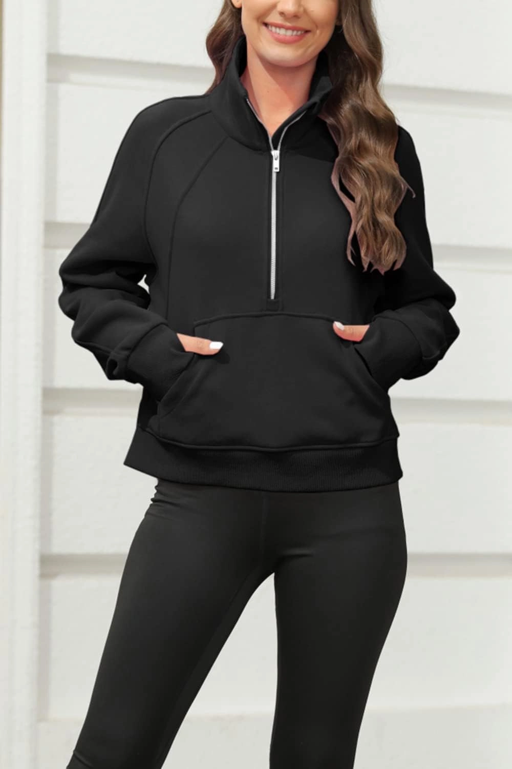 Womens Sweatshirts Half Zipper Crop Pullover Funnel Neck Fleece Lined Zip Up Long Sleeve Tops Thumb Hole