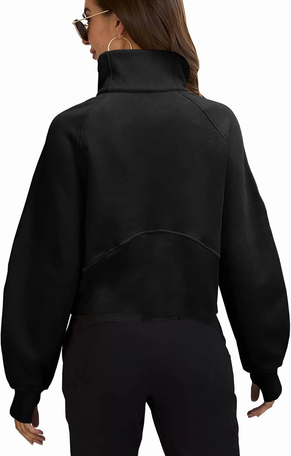 Womens Sweatshirts Half Zipper Crop Pullover Funnel Neck Fleece Lined Zip Up Long Sleeve Tops Thumb Hole