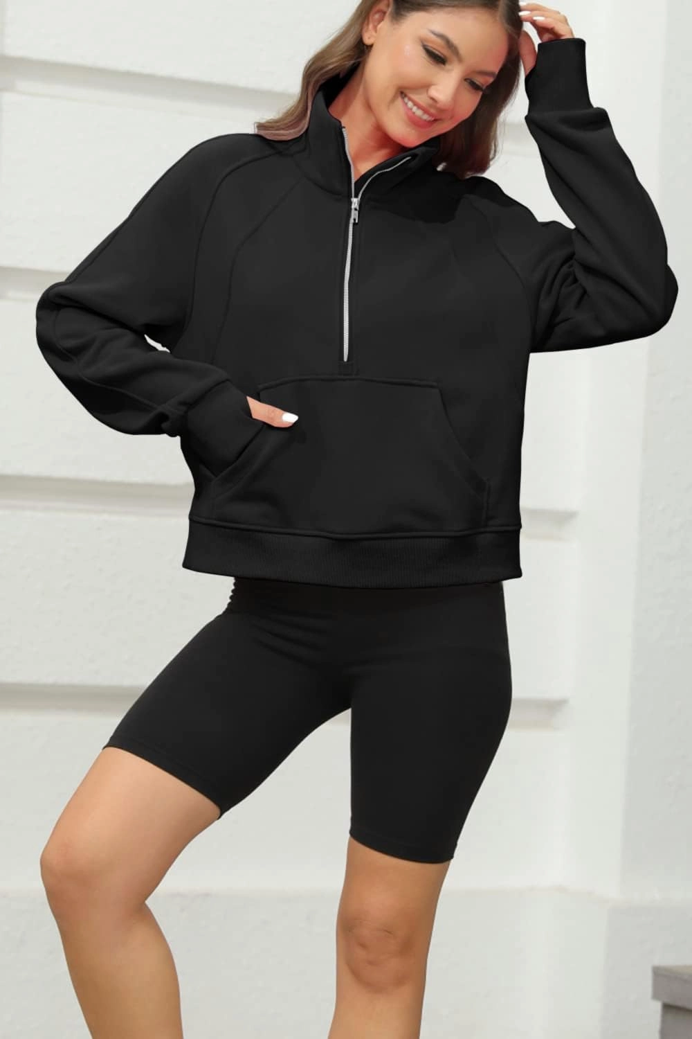 Womens Sweatshirts Half Zipper Crop Pullover Funnel Neck Fleece Lined Zip Up Long Sleeve Tops Thumb Hole