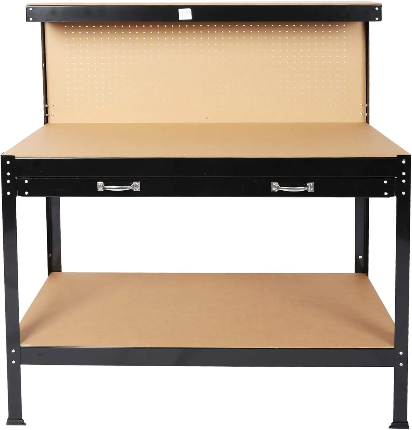 Wood Work Bench Steel Work Bench with Tool Storage, Drawer and Peg Board for Garage Workshop - 63 Inch, Black