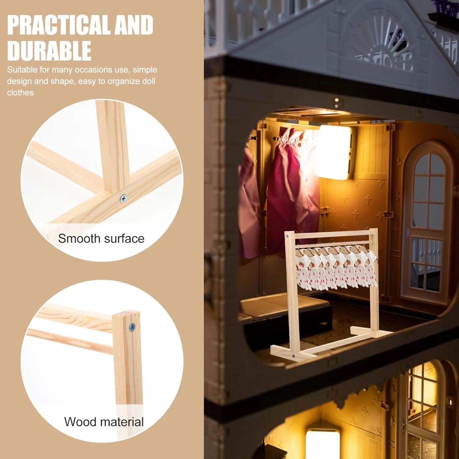 Wooden Doll Clothes Rack Sturdy Clothing Organizer for Doll Dresses for Display and Organization