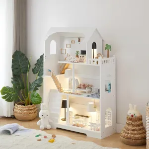Wooden Dollhouse Bookshelf - Toddler Doll House Bookcase, Extra Space Kids Toy Storage Book Shelf, 3-Tier Children Dollhouse, Pretend Play Toy House, Gift for Girls & Boys Ages 3 
