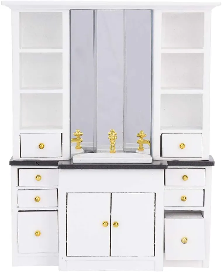 Wooden Dollhouse Mini Basin Cabinet Set, Modern and Simple White Miniature Furniture for 1/12 Scale Dollhouse Decoration with Dollhouse Accessories (1)