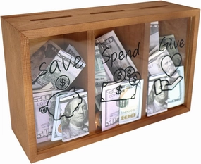 Wooden Give Save Spend Money Saving Box for Kids, Money Coin Savings Piggy Bank Jar Box for Kids Safe Money Saver, Teach Children About Giving Saving Giving Money Piggy Box for Boys Girls