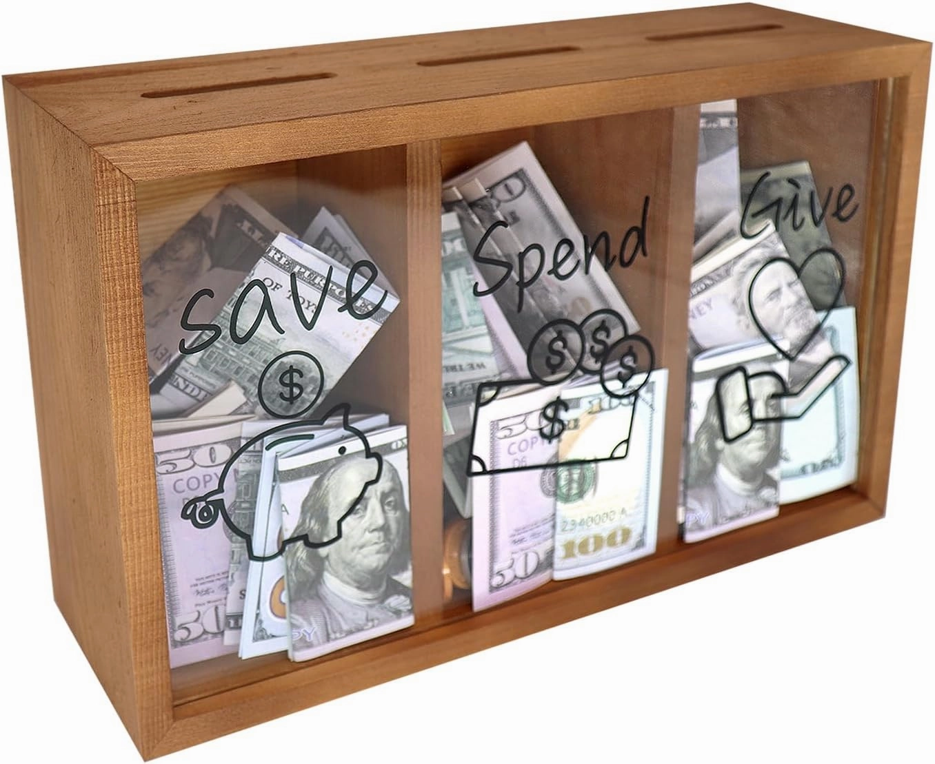 Wooden Give Save Spend Money Saving Box for Kids, Money Coin Savings Piggy Bank Jar Box for Kids Safe Money Saver, Teach Children About Giving Saving Giving Money Piggy Box for Boys Girls