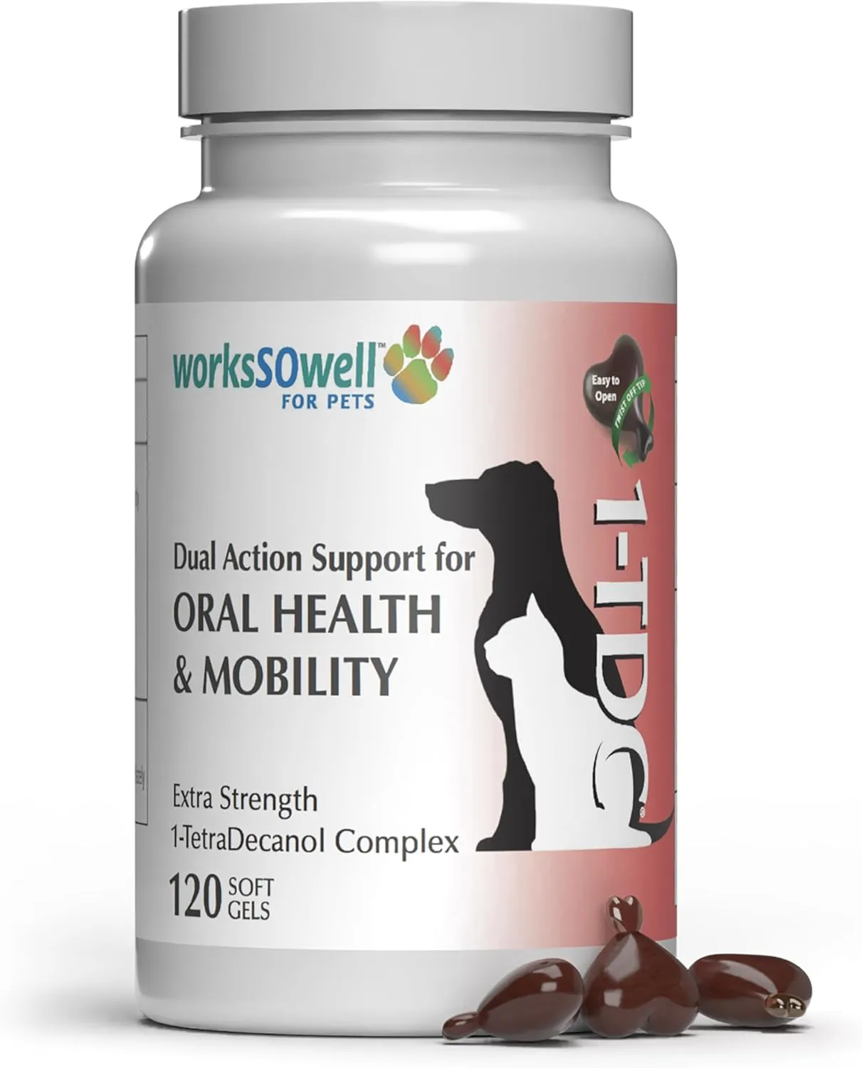 WorksSoWell Dual Action Natural Support - 120 Twist Off Soft Gels | Delivers 4 Health Benefits for Dogs & Cats | Supports Oral, Hip, Joint, Skin, Coat Health, Muscle & Stamina Recovery