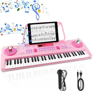 WOSTOO Kids Keyboard Piano, Portable 61 Keys Keyboard Electronic Digital Piano, Early Learning Educational Musical Piano Toy Keyboard for Beginners with Music Stand, Microphone (Pink) ﻿