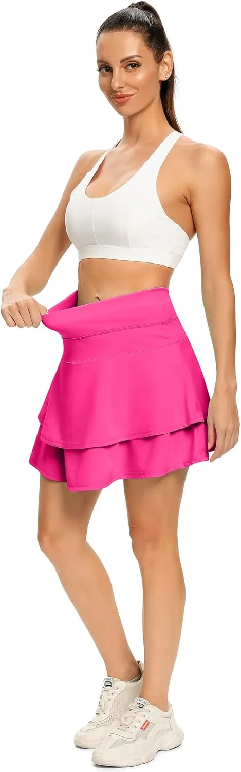WOWENY Women's Athletic Pleated Tennis Skirt Ladies Active Layered Skort with Pocket Running Golf Skirt with Ruffle