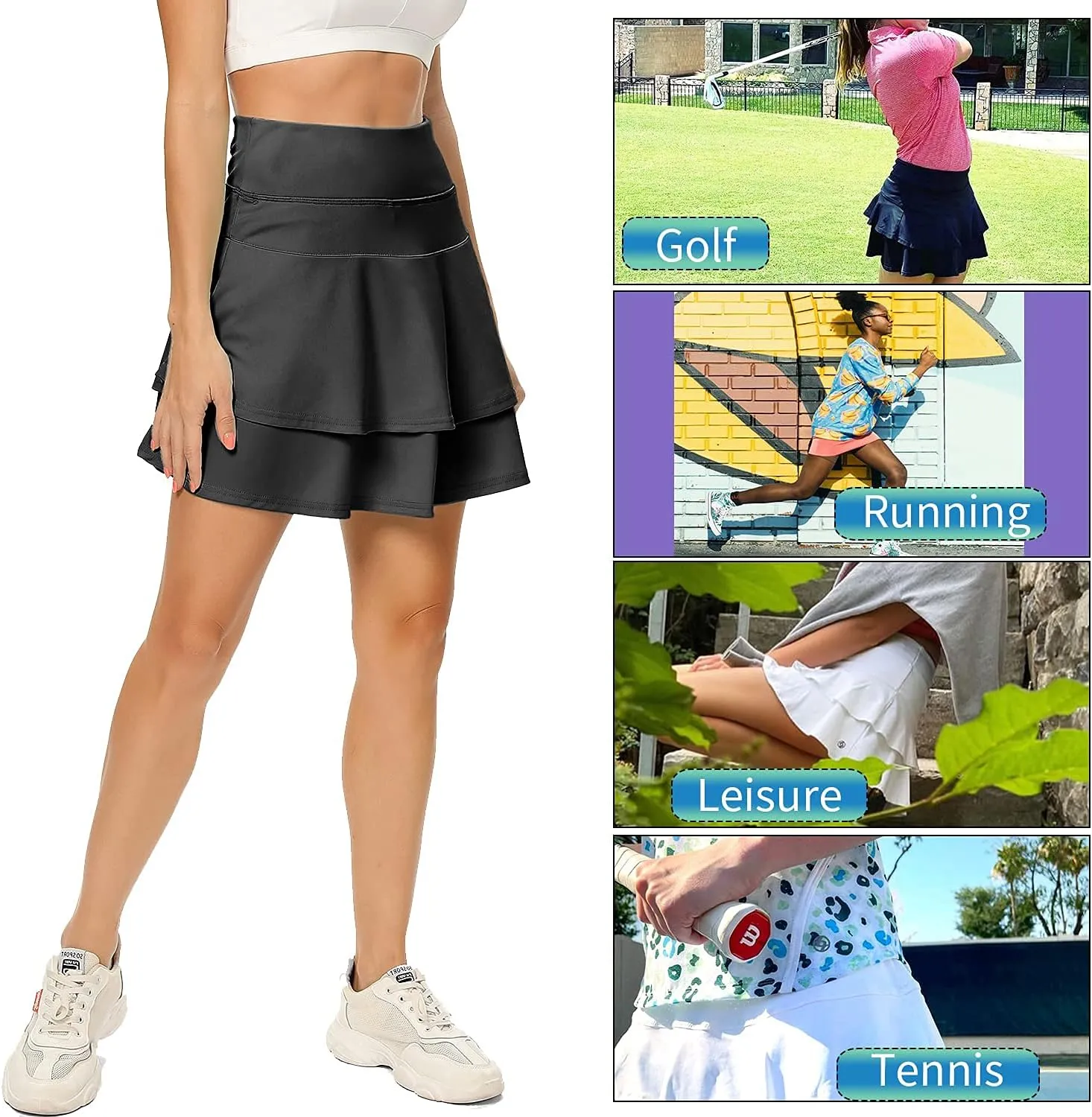 WOWENY Women's Athletic Pleated Tennis Skirt Ladies Active Layered Skort with Pocket Running Golf Skirt with Ruffle