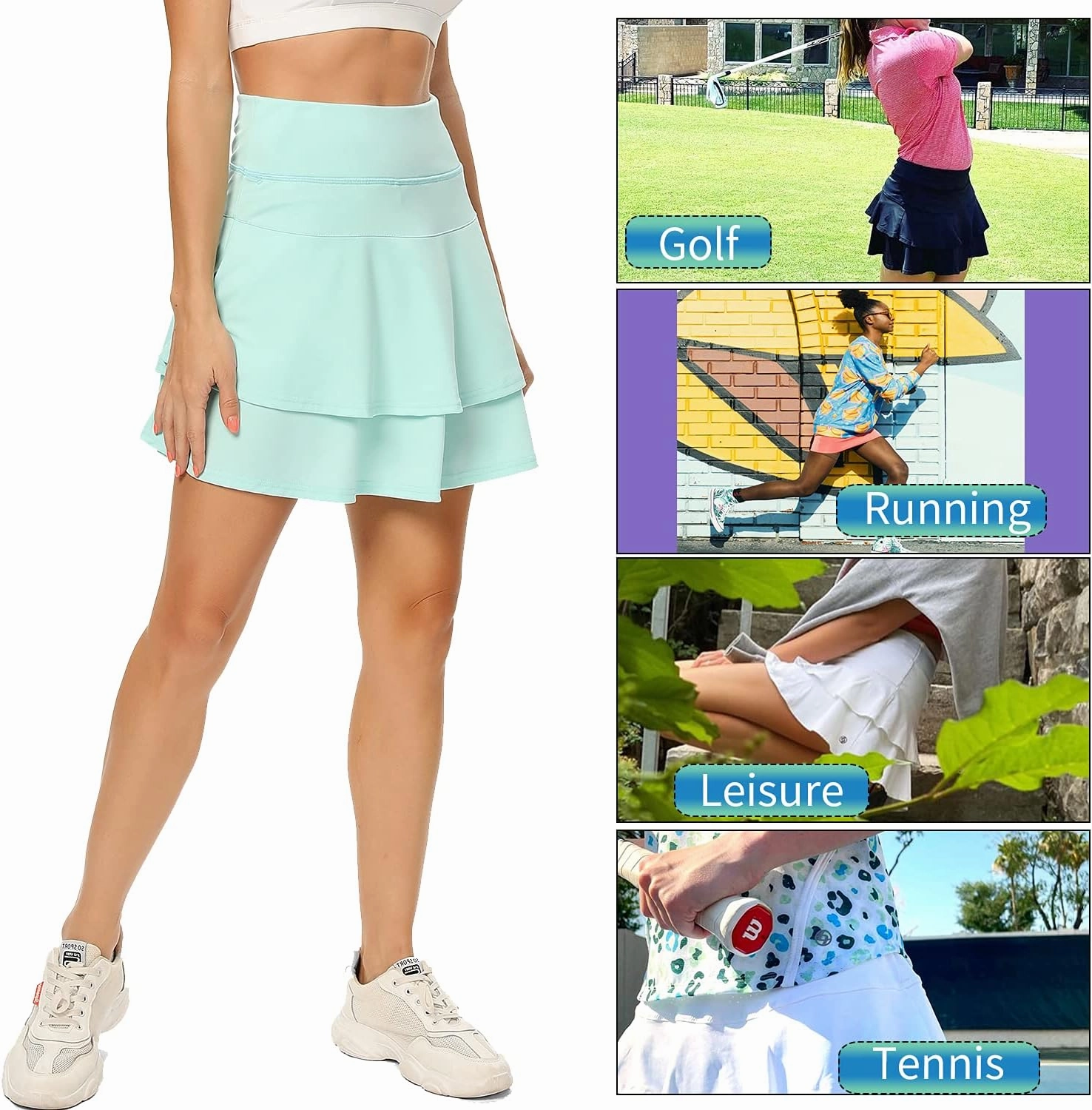 WOWENY Women's Athletic Pleated Tennis Skirt Ladies Active Layered Skort with Pocket Running Golf Skirt with Ruffle