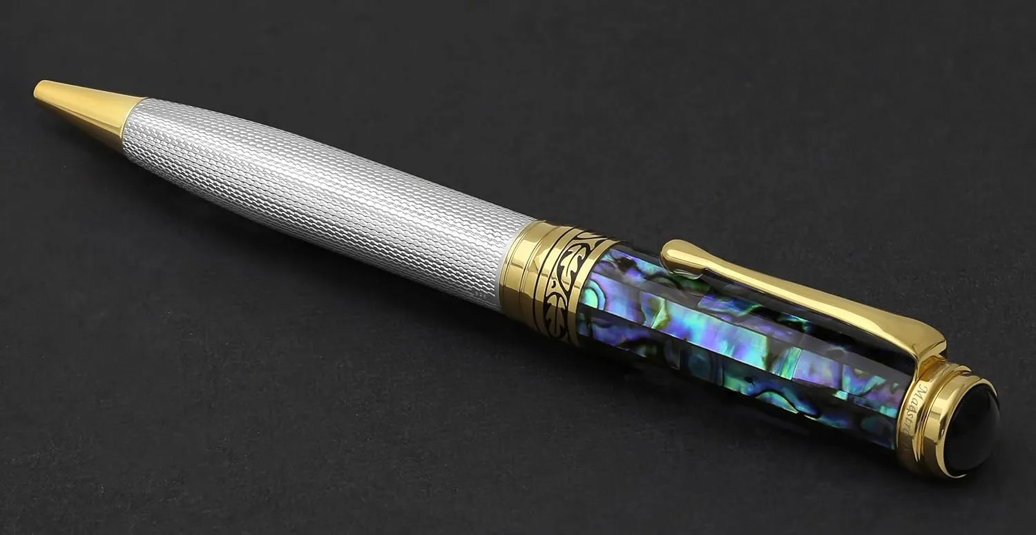Xezo Maestro Ballpoint Pen, Solid 925 Sterling Silver and Blue Pāua Sea Shell with 18 Karat Gold Plating. Handmade, No Two Alike, Serialized