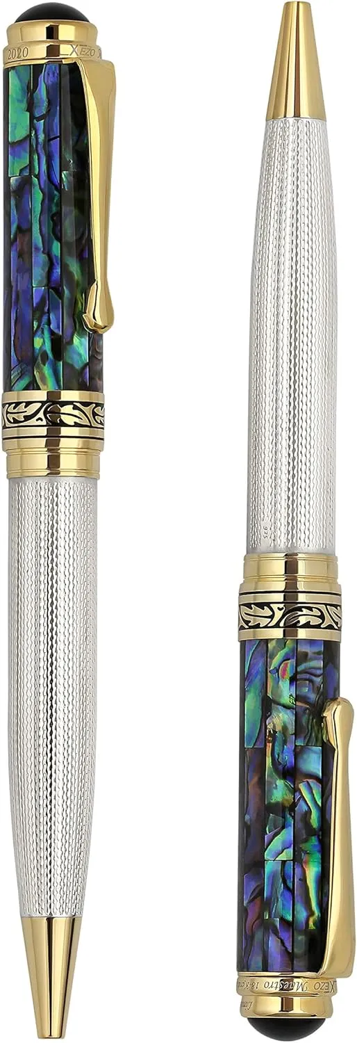 Xezo Maestro Ballpoint Pen, Solid 925 Sterling Silver and Blue Pāua Sea Shell with 18 Karat Gold Plating. Handmade, No Two Alike, Serialized