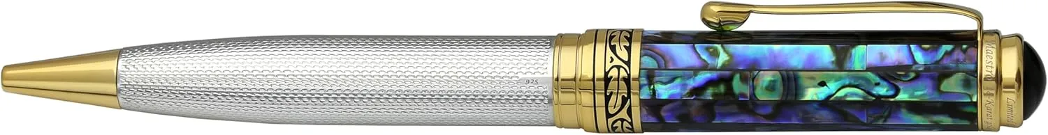 Xezo Maestro Ballpoint Pen, Solid 925 Sterling Silver and Blue Pāua Sea Shell with 18 Karat Gold Plating. Handmade, No Two Alike, Serialized