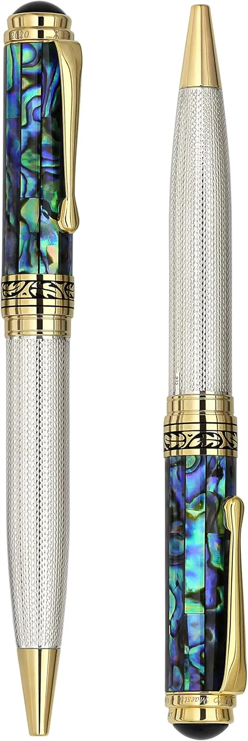 Xezo Maestro Ballpoint Pen, Solid 925 Sterling Silver and Blue Pāua Sea Shell with 18 Karat Gold Plating. Handmade, No Two Alike, Serialized