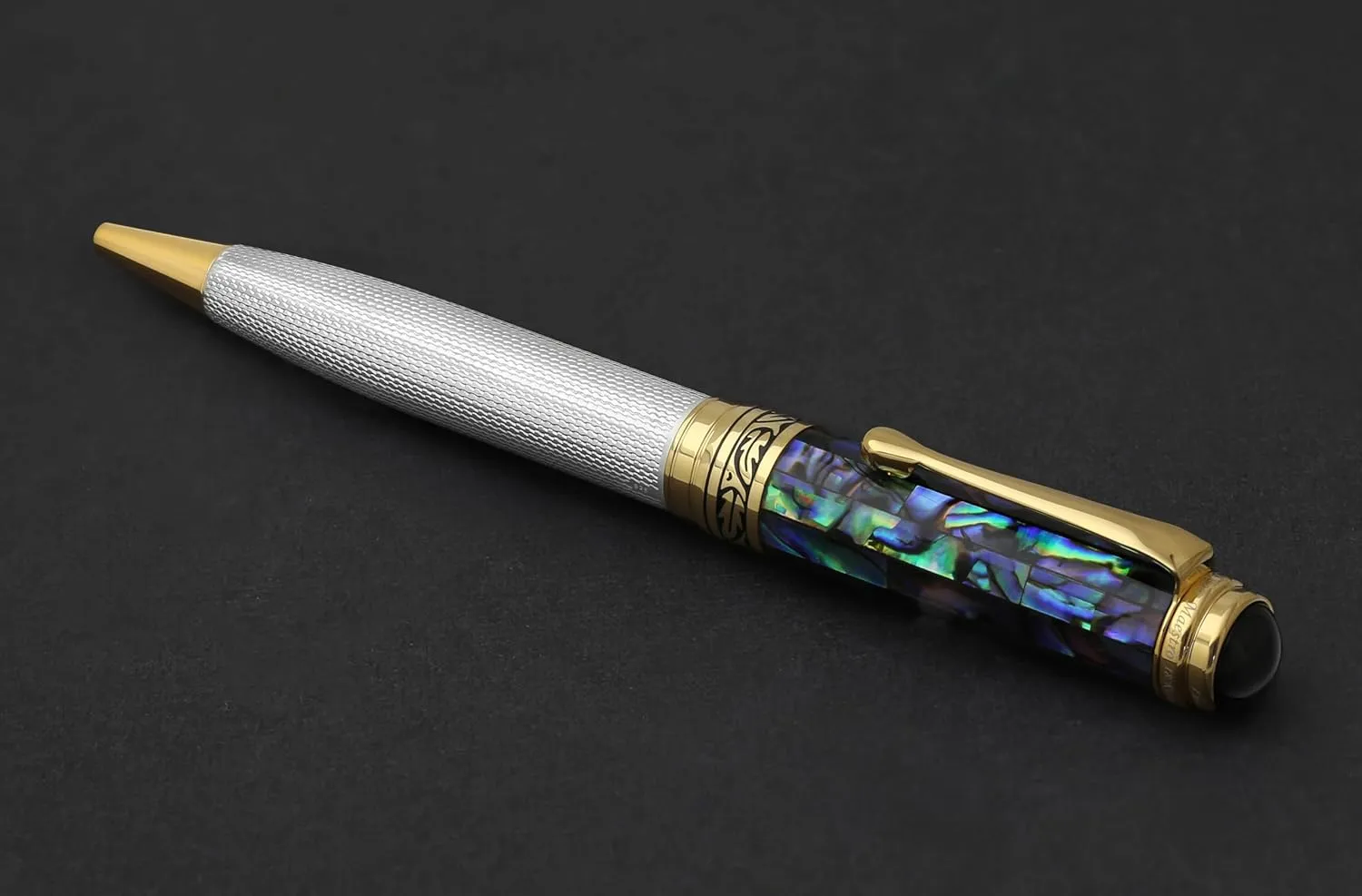 Xezo Maestro Ballpoint Pen, Solid 925 Sterling Silver and Blue Pāua Sea Shell with 18 Karat Gold Plating. Handmade, No Two Alike, Serialized