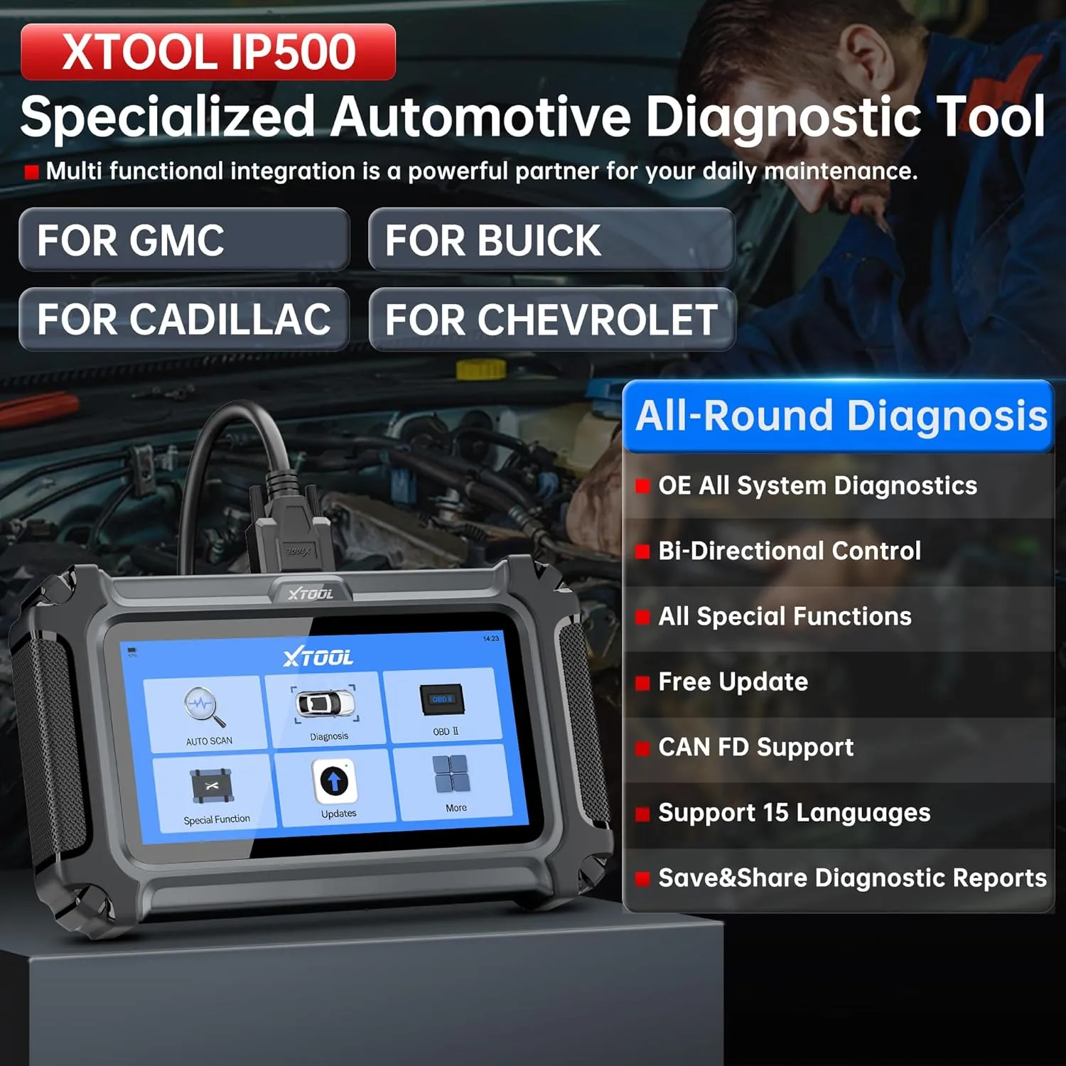 XTOOL IP500 for GM OBD2 Scanner, Full Systems Bi-Directional Scan Tool for Buick/Chevrolet/Cadillac/GMC with All Reset Services, Full OBD2 Function, Multi-in-One Live Data Graph, Lifetime Free Update