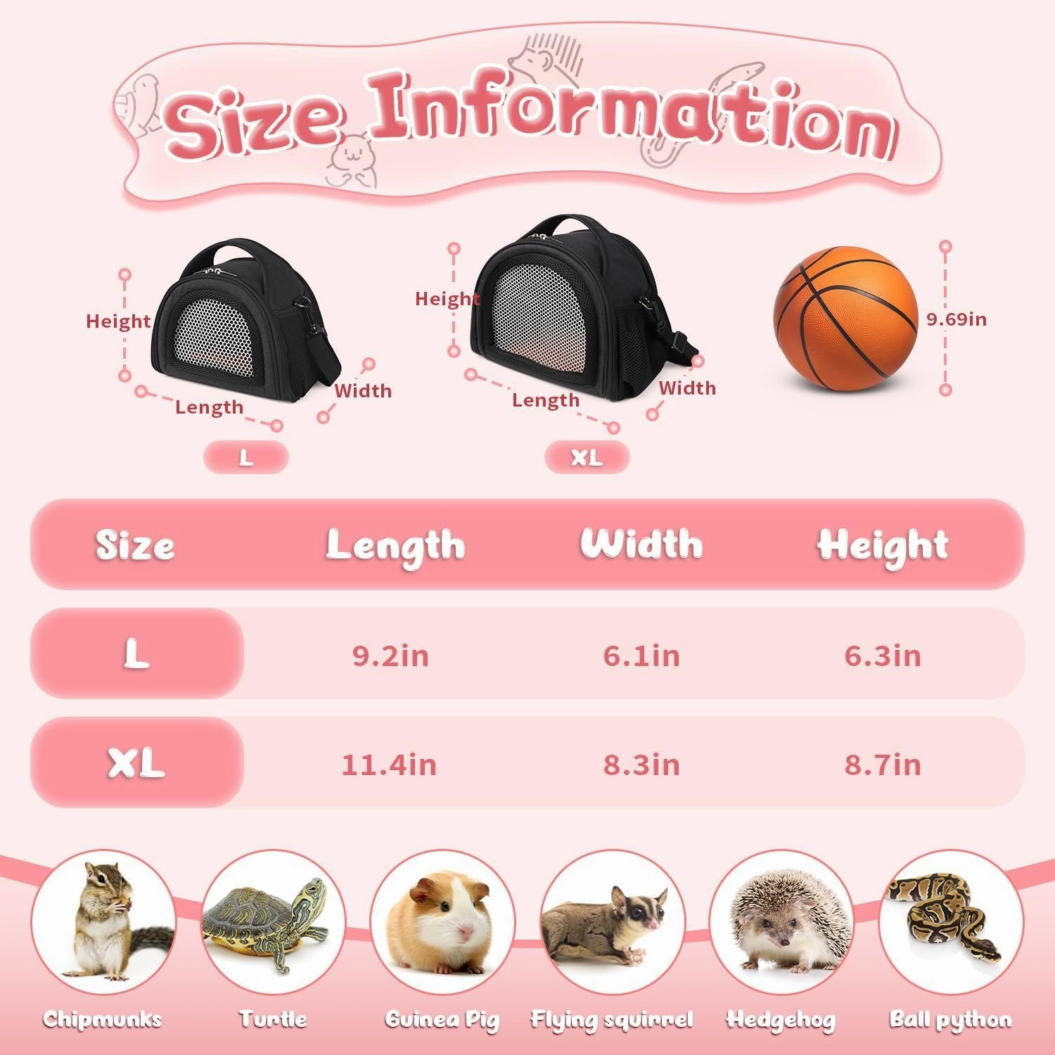 YUDODO Hamster Carrier Guinea Pig Carrier Bag Small Animal Sugar Glider Pouch Gerbil Hedgehog Portable Travel Carrier Outdoor Hangbag Flying Squirrel Rat Carrier (X-Large, Black)