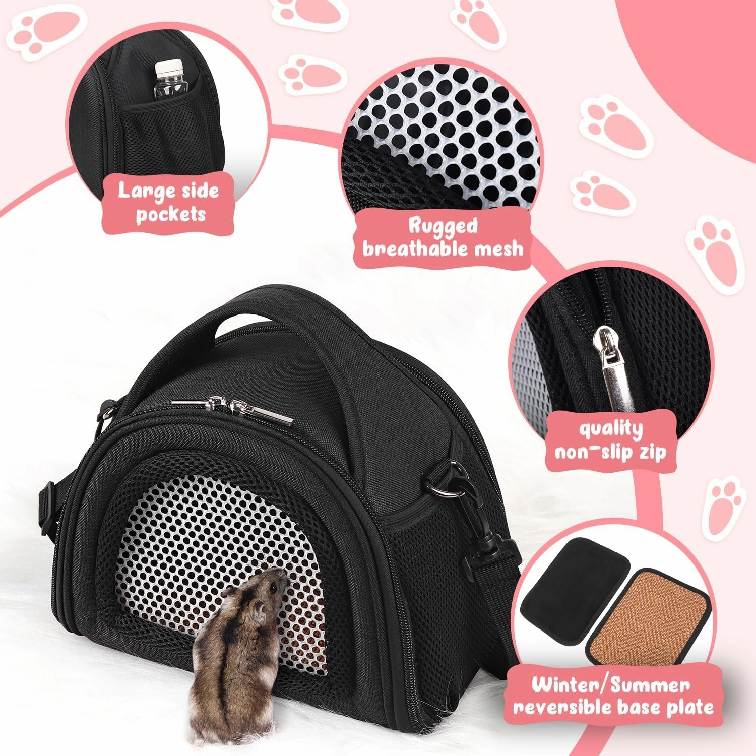 YUDODO Hamster Carrier Guinea Pig Carrier Bag Small Animal Sugar Glider Pouch Gerbil Hedgehog Portable Travel Carrier Outdoor Hangbag Flying Squirrel Rat Carrier (X-Large, Black)