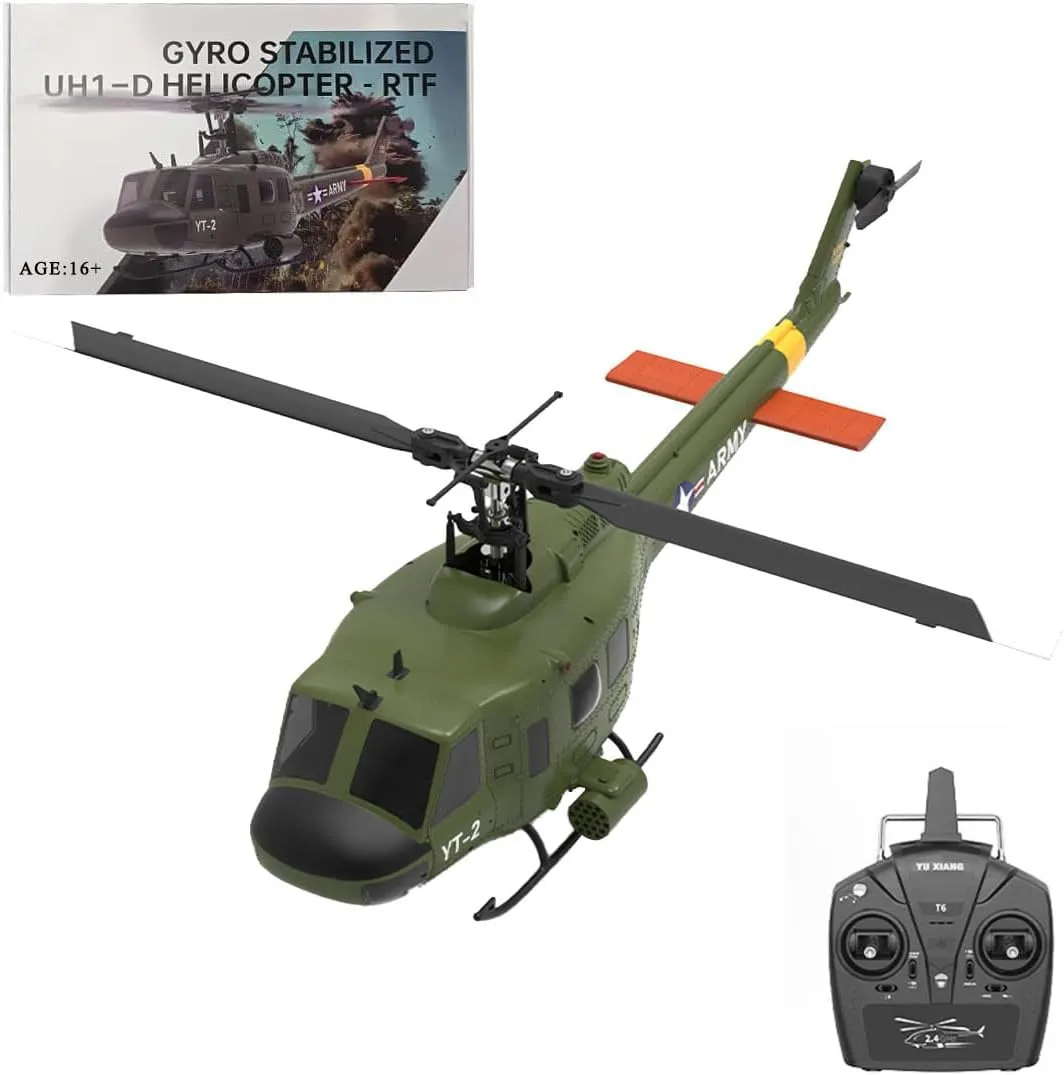 YUXIANG F07 UH-1D RC Helicopter for Adult, 1/34 Scale 2.4G 6CH Brushless Direct-Drive Flybarless Helicopter Model with 6-Axis Gyro, 3D/6G RC Aircraft Model Toys (1 Battery)