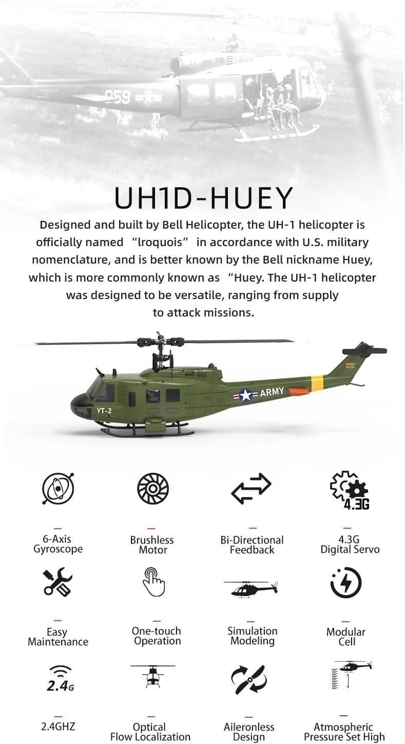 YUXIANG F07 UH-1D RC Helicopter for Adult, 1/34 Scale 2.4G 6CH Brushless Direct-Drive Flybarless Helicopter Model with 6-Axis Gyro, 3D/6G RC Aircraft Model Toys (1 Battery)