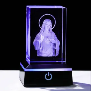 YWHL 3D Crystal Sacred Heart of Jesus Figurine with Colorful Light Base, Laser Engraved Jesus Statues Christian Religious Gifts for Women Men Friends Family, Jesus Figurine Catholic Room Home Decor