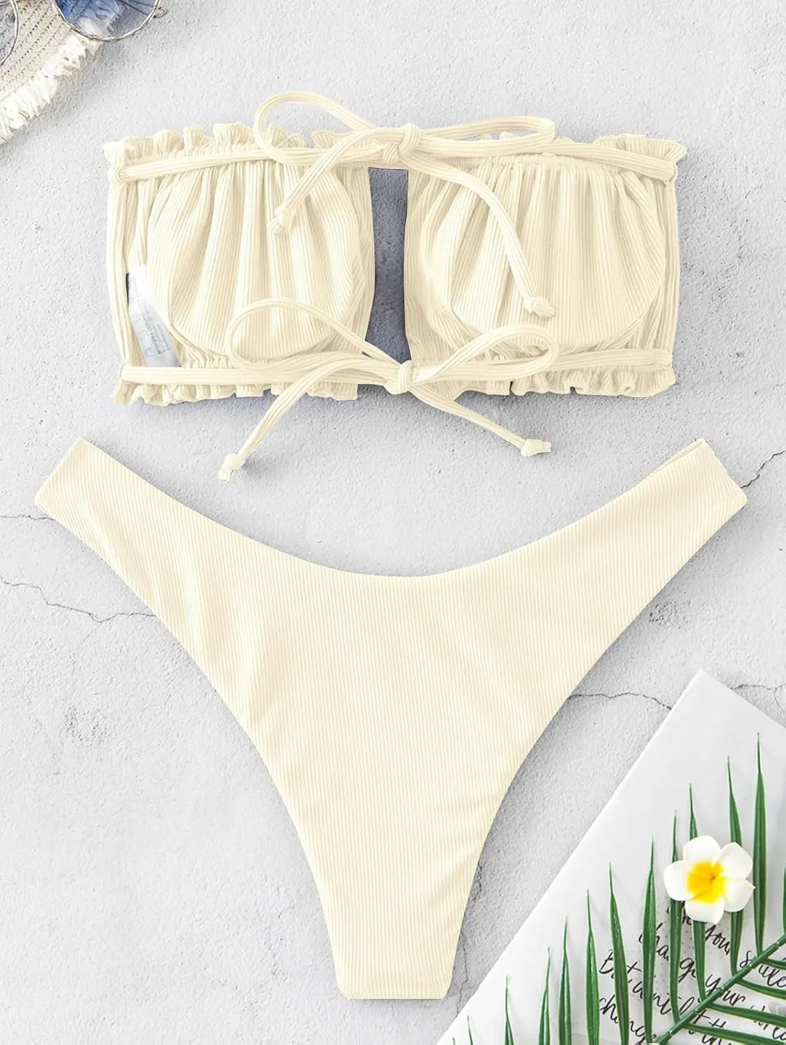 ZAFUL Women 2 Piece Strapless Bikini Swimsuits Ruffle Ribbed Self Tie Bandeau Bikini Set High Cut String Bathing Suits