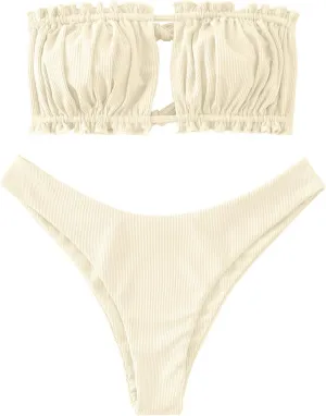 ZAFUL Women 2 Piece Strapless Bikini Swimsuits Ruffle Ribbed Self Tie Bandeau Bikini Set High Cut String Bathing Suits