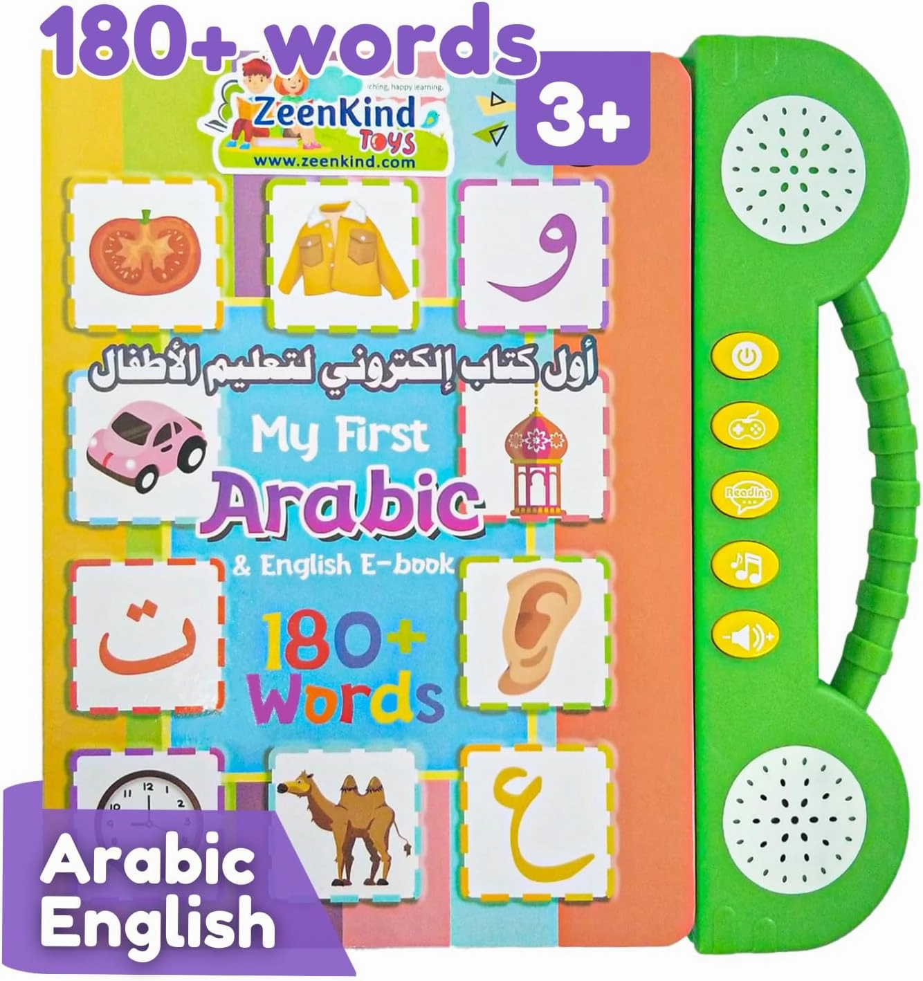 ZEENKIND English Arabic Learning Talking Books for Kids 2 3 4 5 6 Years Old, 180 Words Learn Arabic Interactive Audio Sound Book for Kid Toddler, Educational Electronic Bilingual Toys with Music