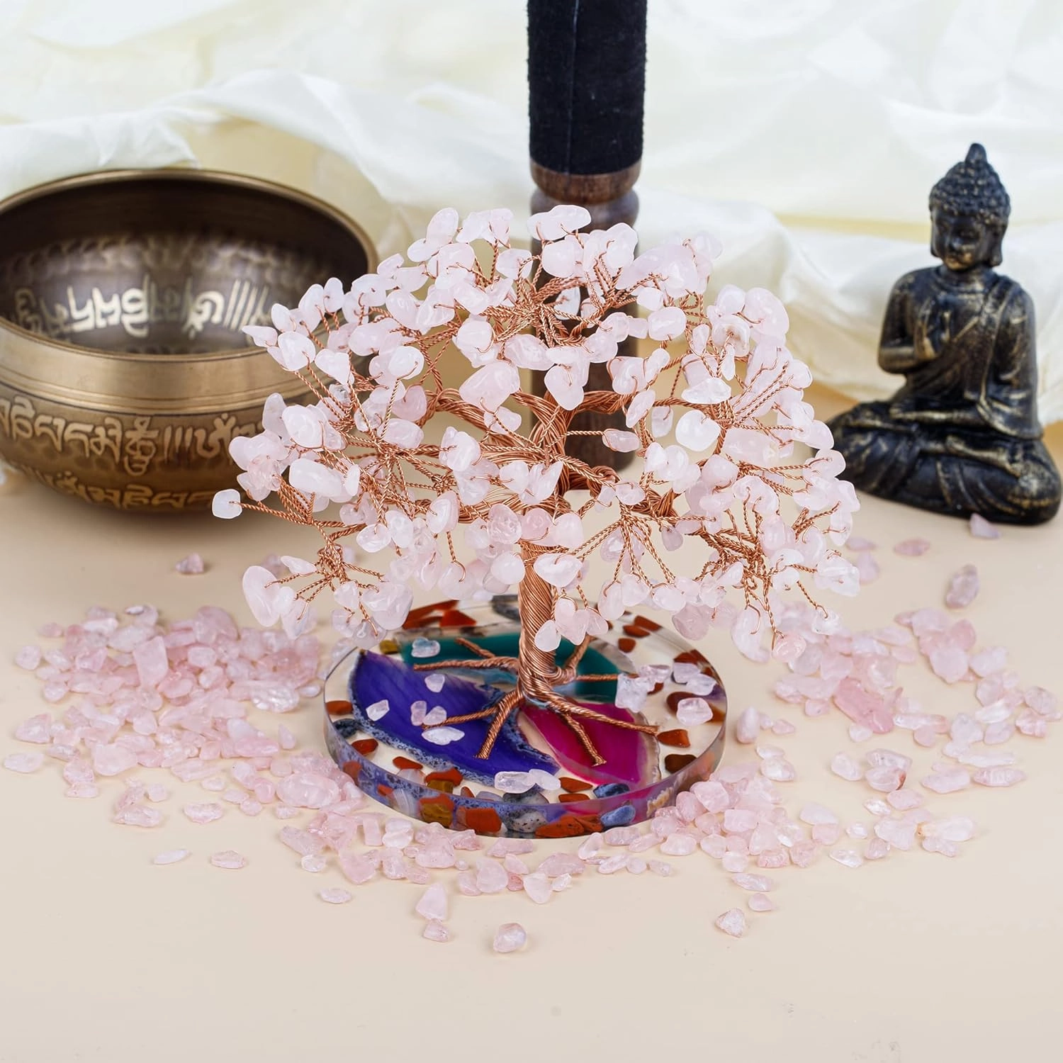 ZenBless 7 Chakra Healing Crystal Stones Tree, Rose Quartz Leaf Wire Wrapped on Natural Agate Slice Base, Home Office Desk Living Room Feng Shui Decoration for Wealth and Luck