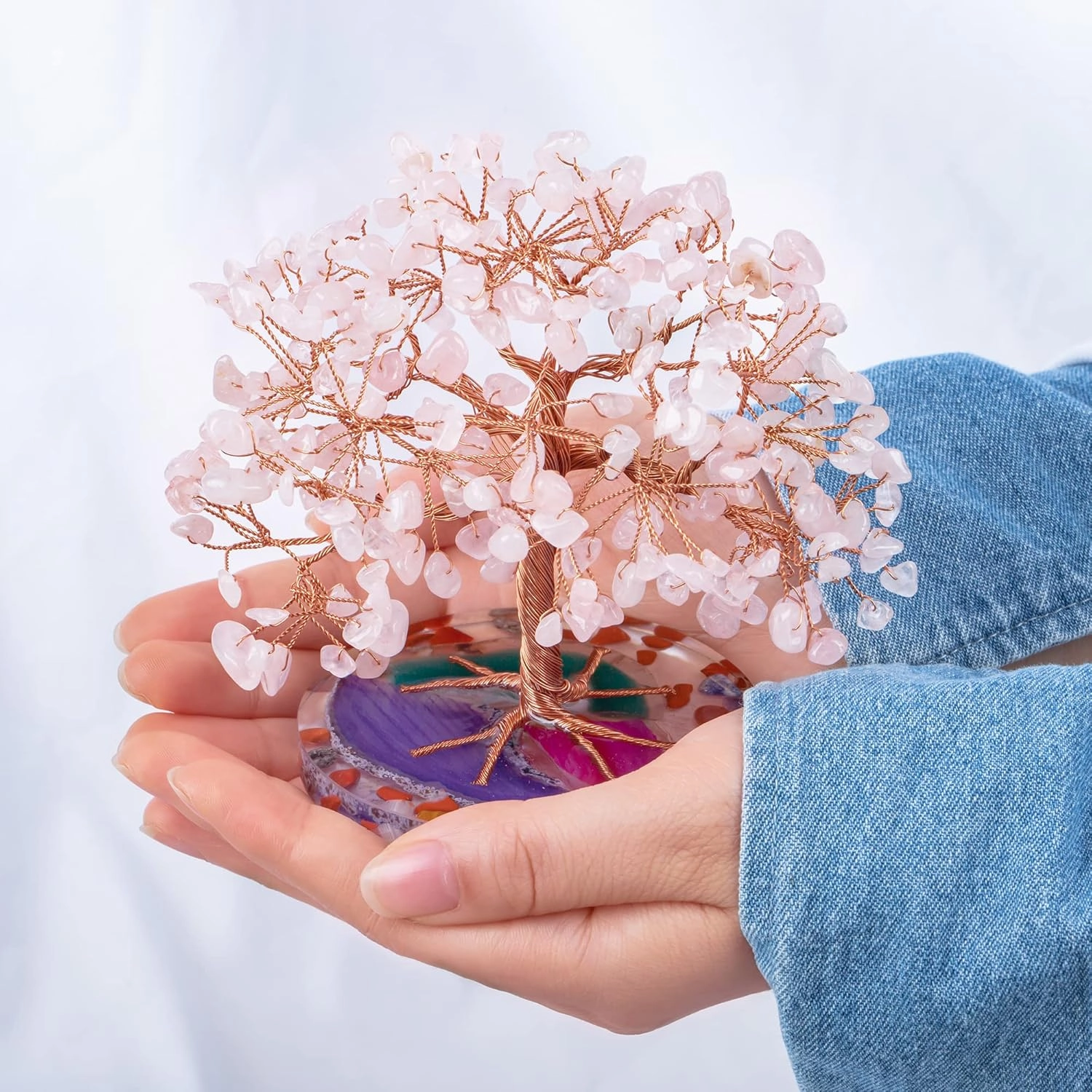 ZenBless 7 Chakra Healing Crystal Stones Tree, Rose Quartz Leaf Wire Wrapped on Natural Agate Slice Base, Home Office Desk Living Room Feng Shui Decoration for Wealth and Luck