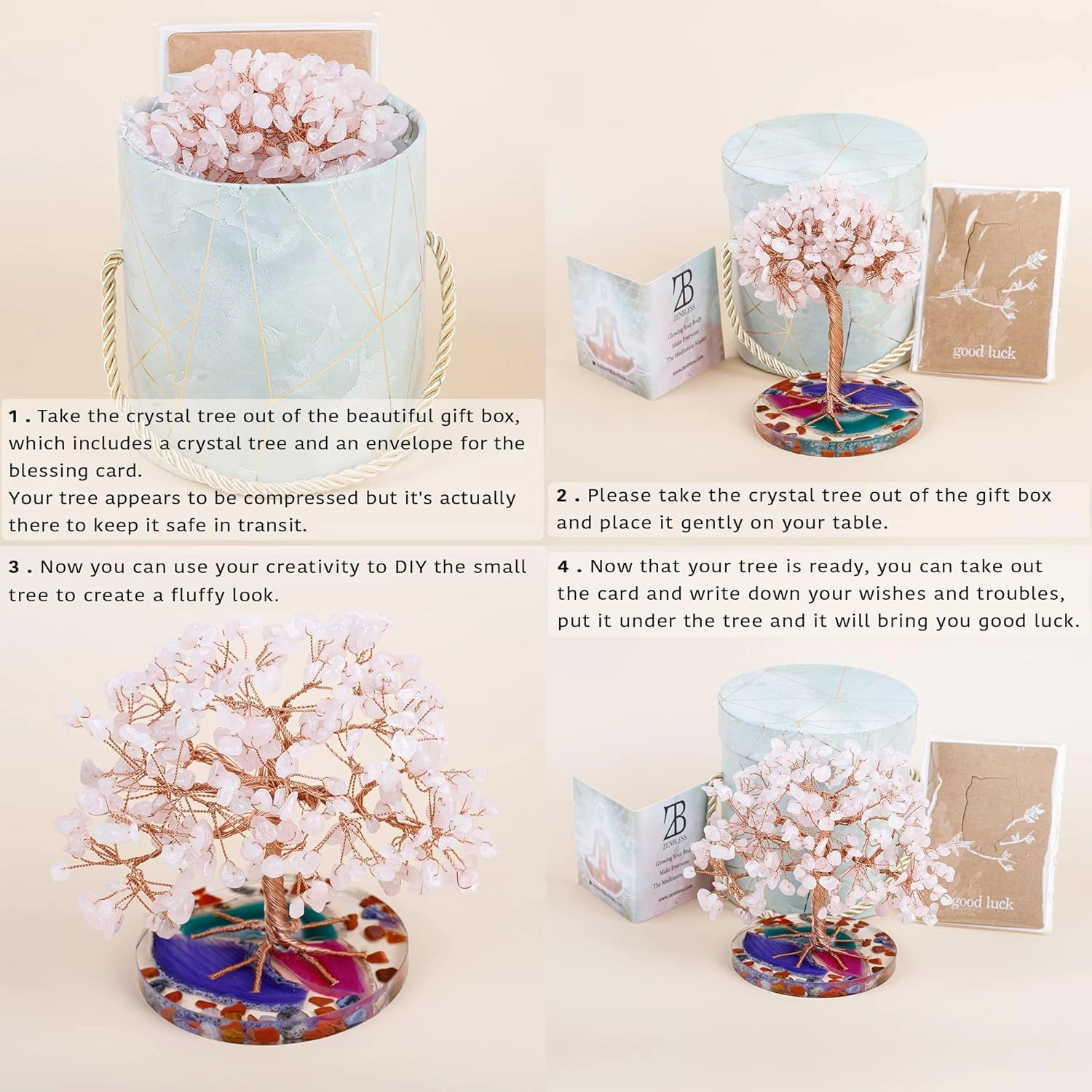 ZenBless 7 Chakra Healing Crystal Stones Tree, Rose Quartz Leaf Wire Wrapped on Natural Agate Slice Base, Home Office Desk Living Room Feng Shui Decoration for Wealth and Luck