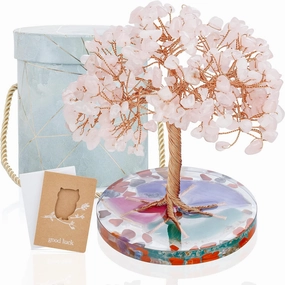 ZenBless 7 Chakra Healing Crystal Stones Tree, Rose Quartz Leaf Wire Wrapped on Natural Agate Slice Base, Home Office Desk Living Room Feng Shui Decoration for Wealth and Luck