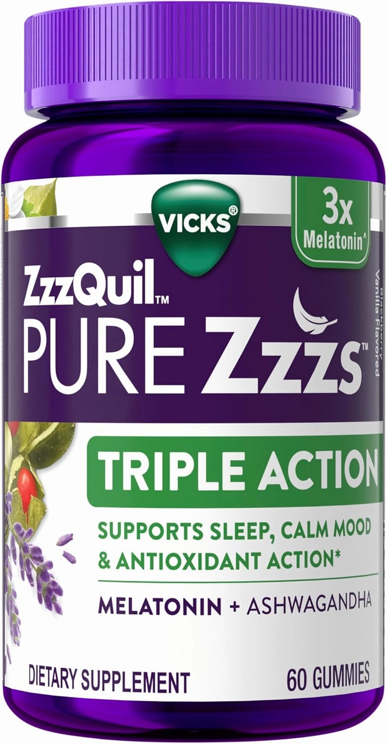 ZzzQuil PURE Zzzs Triple Action, Melatonin Gummies, Melatonin 6mg, 3X Melatonin, Sleep Aid with Ashwagandha, Calm Mood, Antioxidant Action, Sleep Aids for Adults, 60 Sleep Gummies